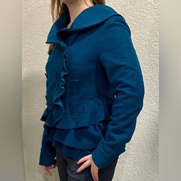 Elevenses anthropology Womens  Jacket with ruffle teal color  Size 6 - Picture 3 of 8